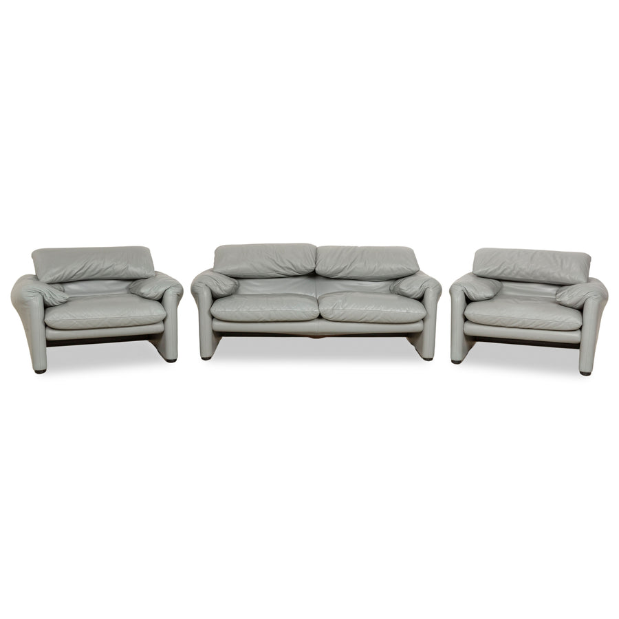 Cassina Maralunga Leather Two-Seater &amp; 2x Armchairs Grey Sofa Couch Manual Function