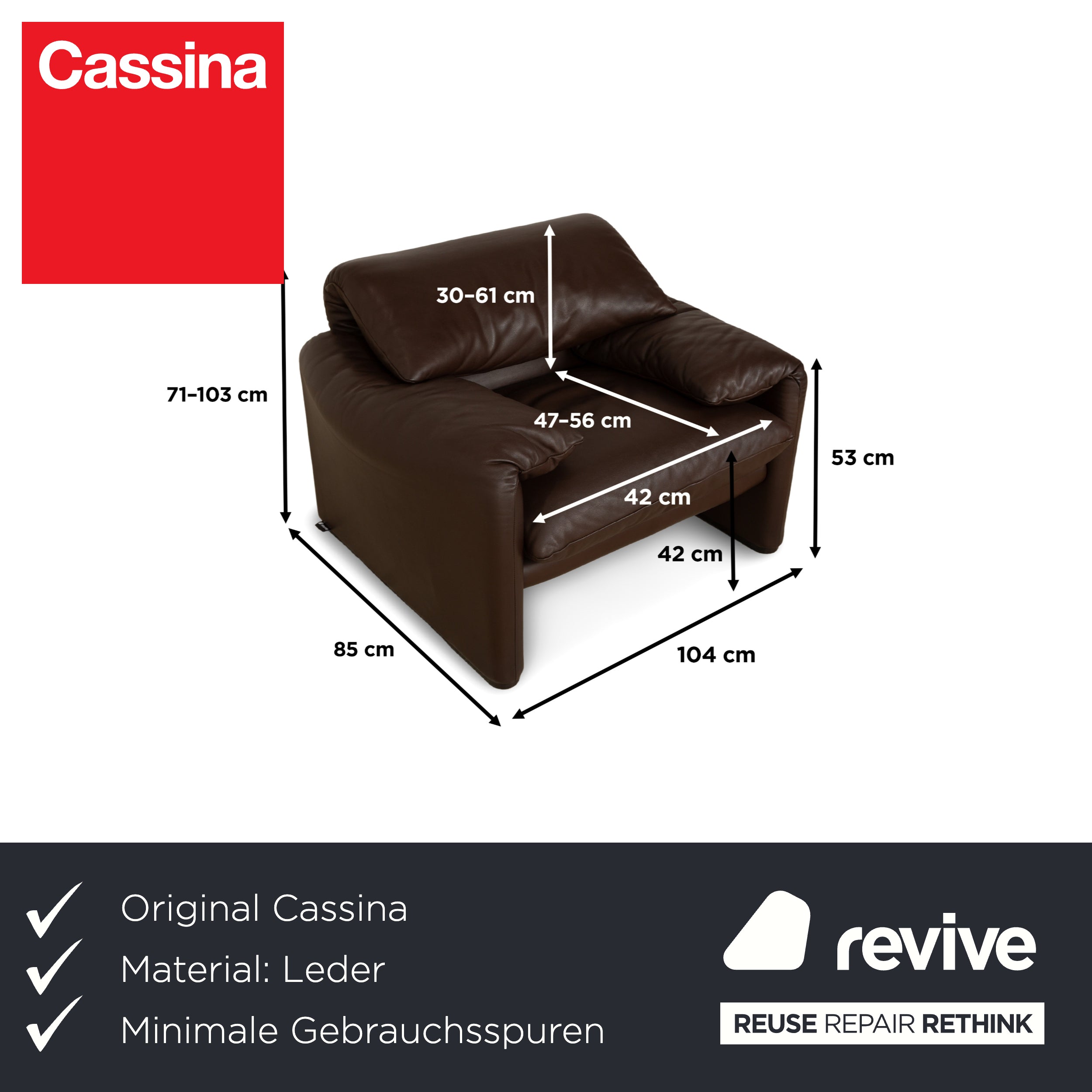 Fauteuil Cassina Maralunga en cuir marron châtaignier fonction manuelle