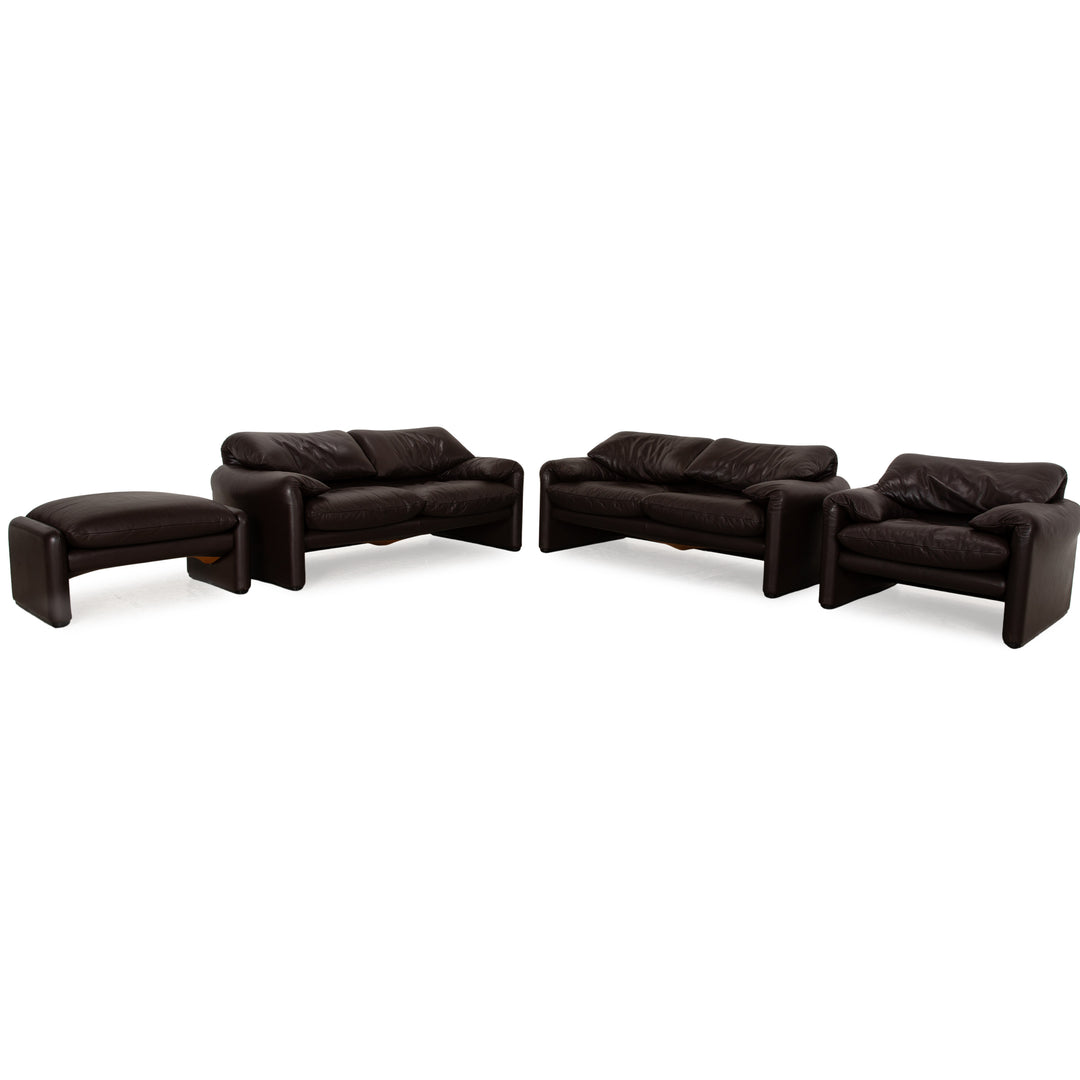 Cassina Maralunga Leather Sofa Set Brown Dark Brown Manual Function 2x Two-Seater Armchair Stool Couch