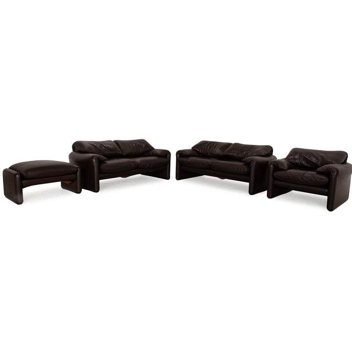 Cassina Maralunga Leather Sofa Set Brown Dark Brown Manual Function 2x Two-Seater Armchair Stool Couch