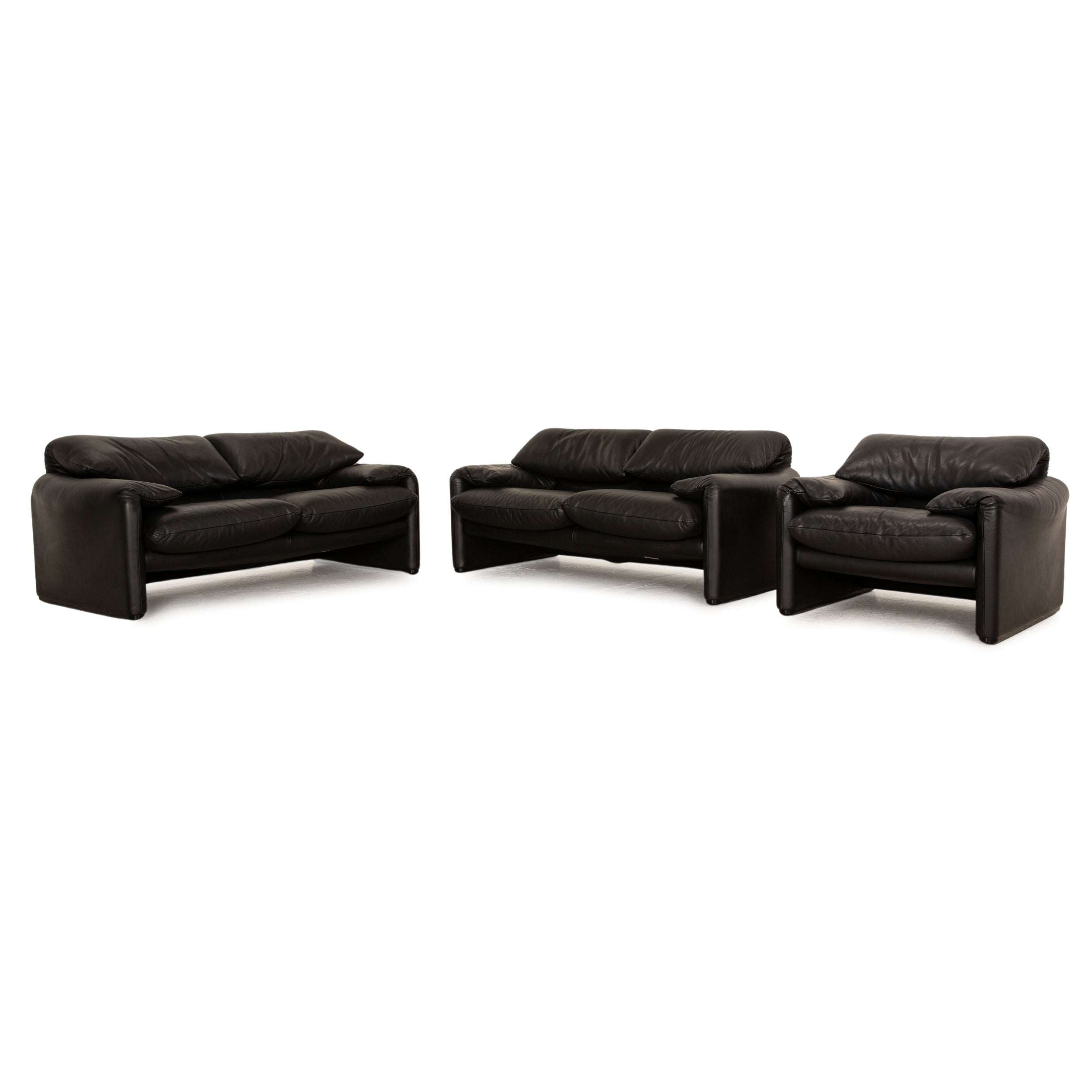 Cassina Maralunga Leder Sofa Garnitur Schwarz 2x Zweisitzer Sessel manuelle Funktion