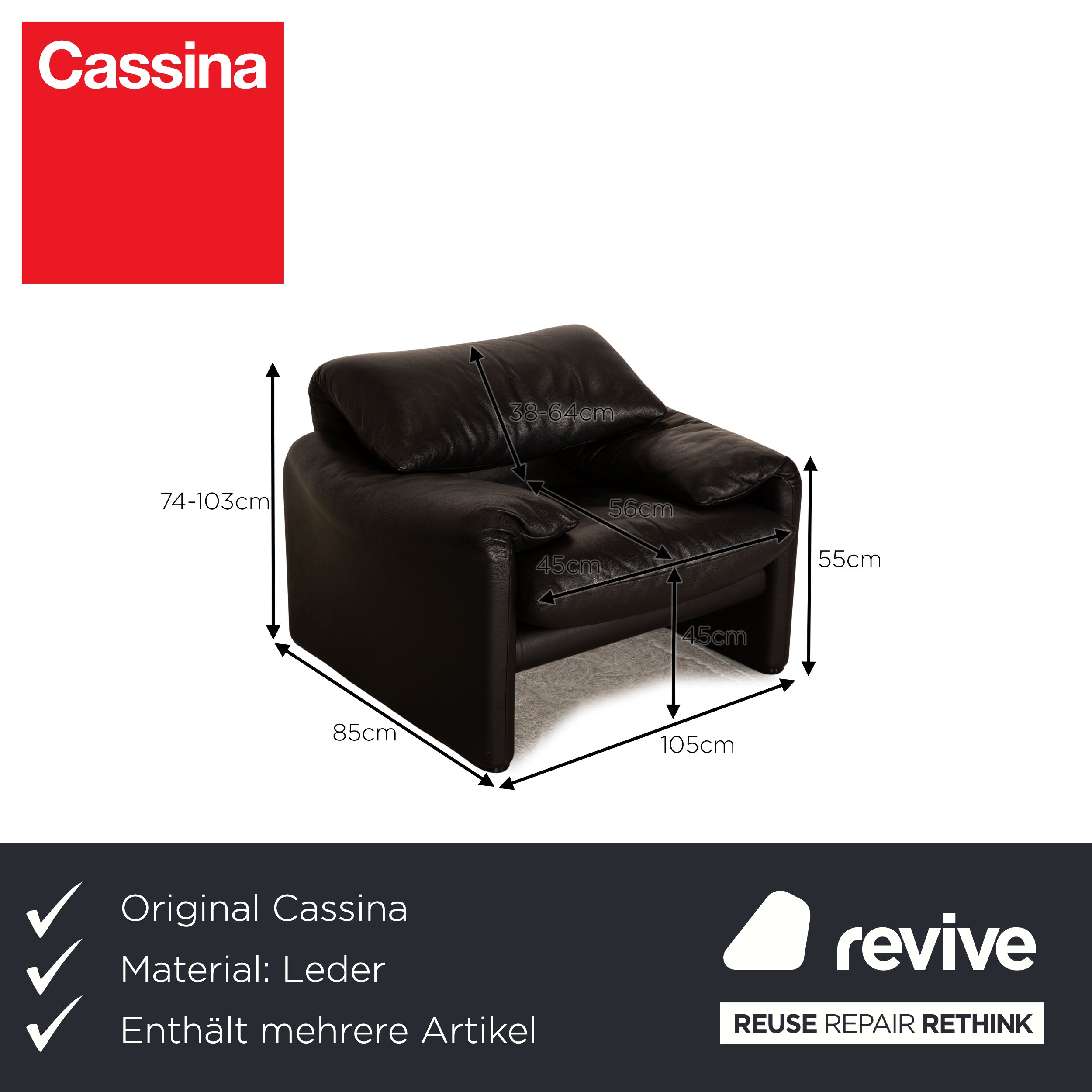 Cassina Maralunga ensemble canapé en cuir noir 2x fauteuil deux places fonction manuelle