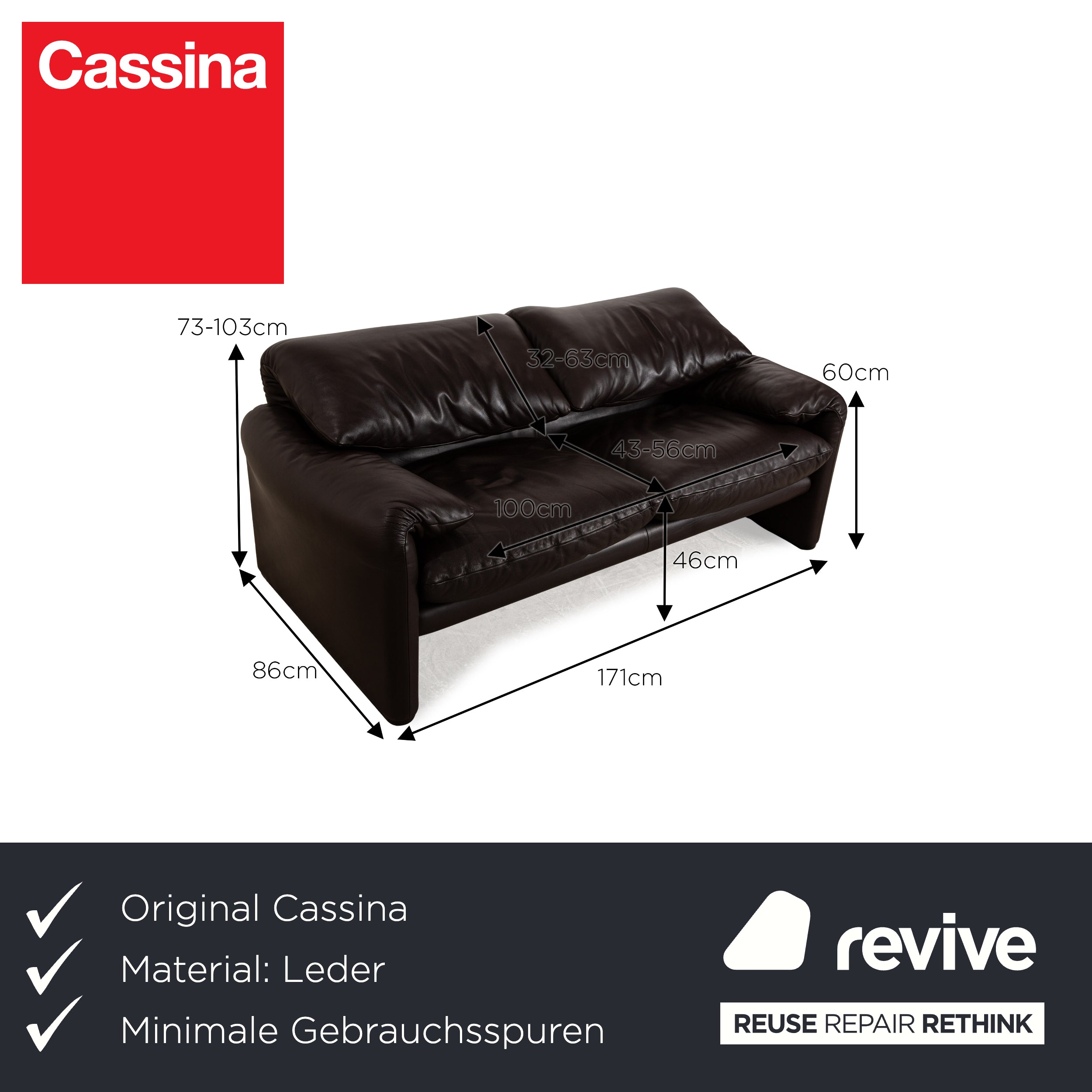 Cassina Maralunga Canapé deux places en cuir marron foncé à fonction manuelle