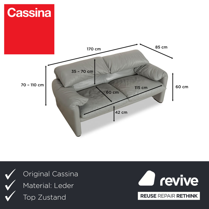 Cassina Maralunga Leather Two-Seater Grey Sofa Couch Manual Function