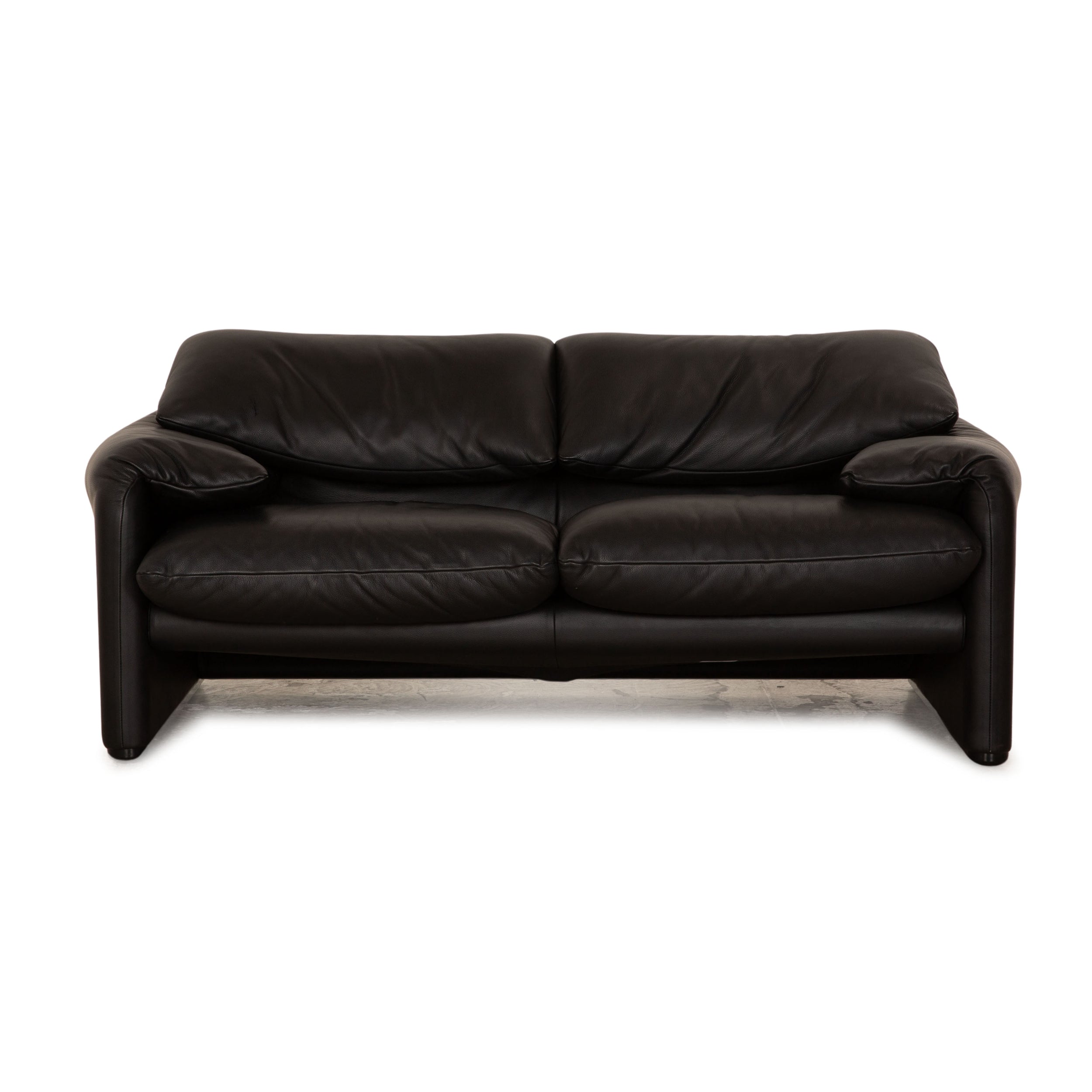 Cassina Maralunga Leather Two Seater Black Sofa Couch Manual Function
