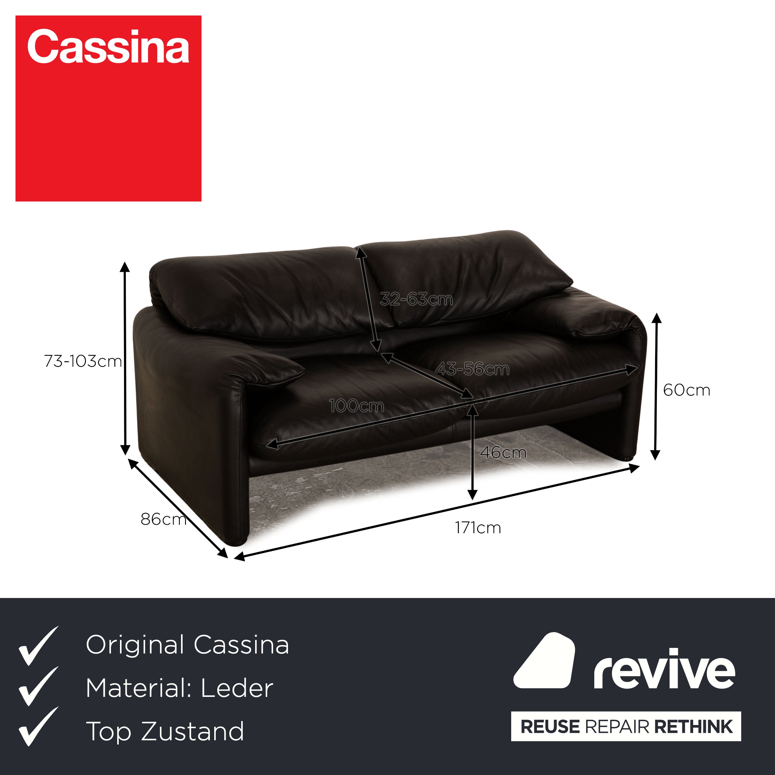 Cassina Maralunga Leather Two Seater Black Sofa Couch Manual Function