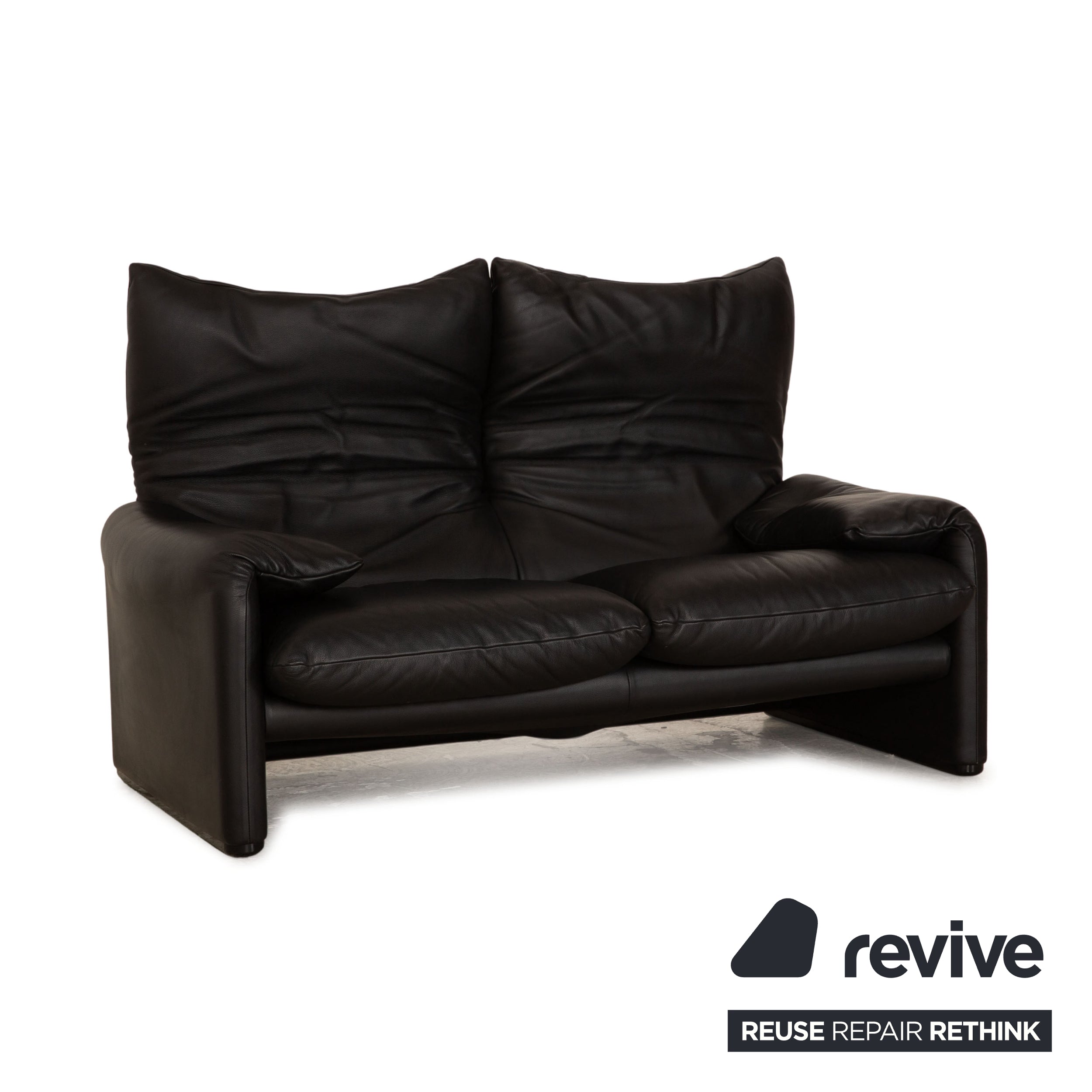 Cassina Maralunga Leather Two Seater Black Sofa Couch Manual Function