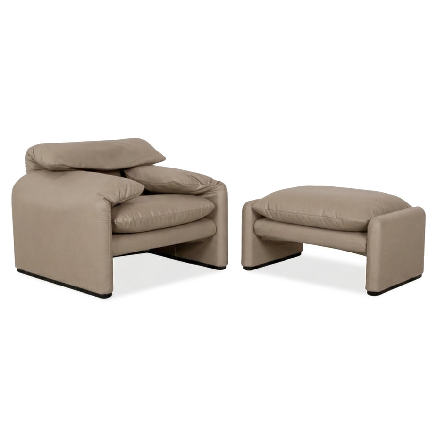 Cassina Maralunga Sessel + Hocker veganes Leder GAVIN 100 Beige manuelle Funktion