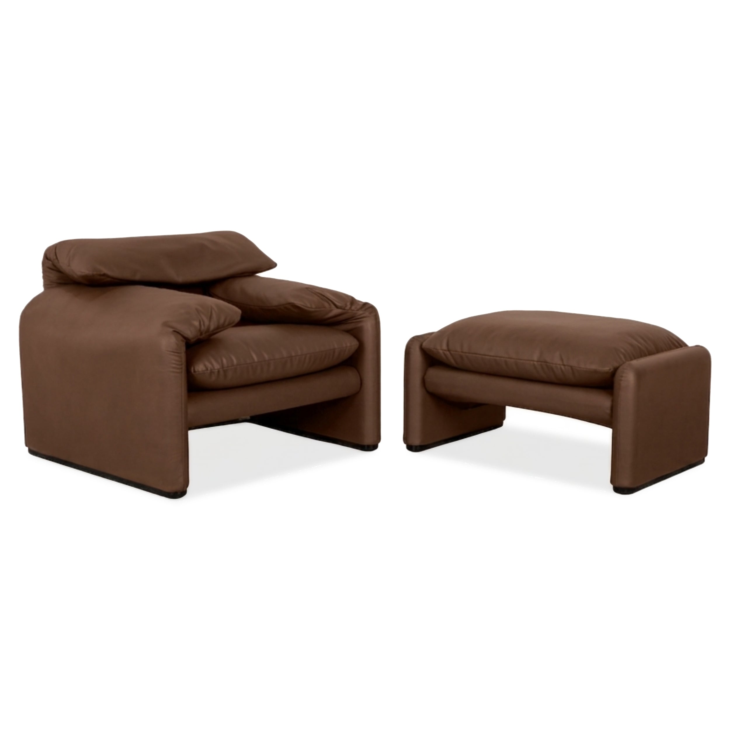 Cassina Maralunga Armchair Ottoman Vegan Leather Brown Cognac Manual Function Reupholstered