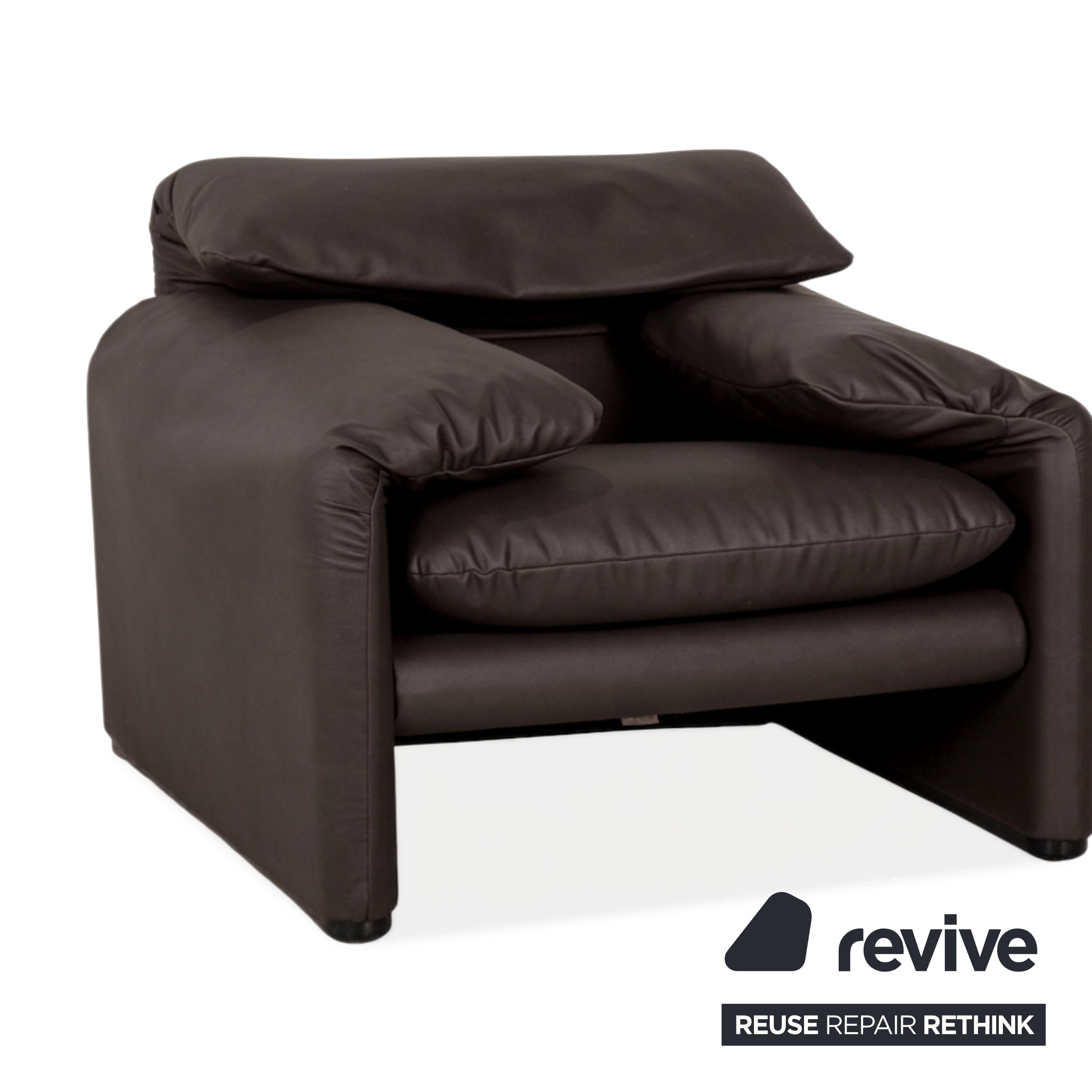 Cassina Maralunga Armchair Ottoman Vegan Leather Dark Brown Espresso Manual Function Reupholstered