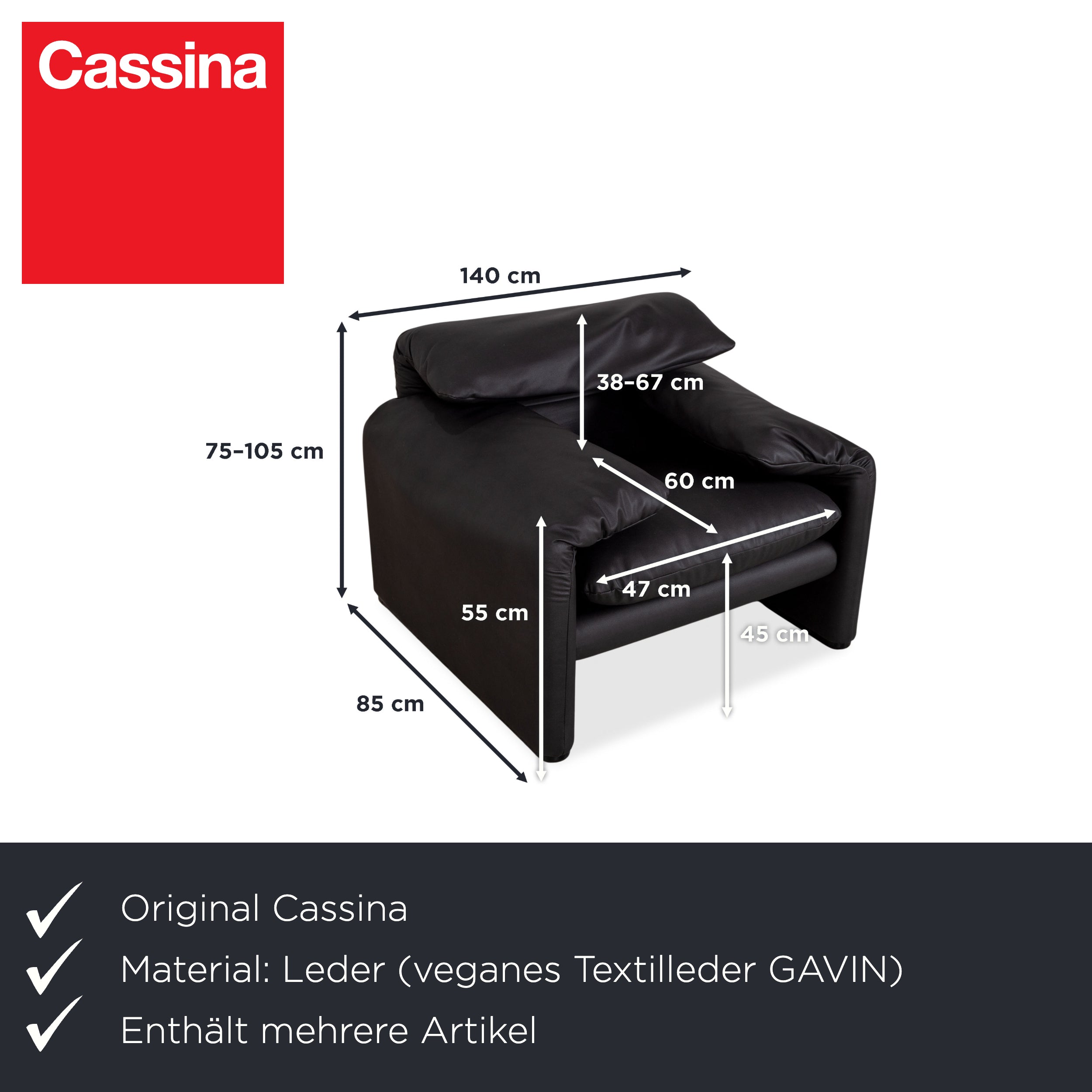 Cassina Maralunga Fauteuil Repose-pieds cuir végétalien noir fonction manuelle Revêtement neuf