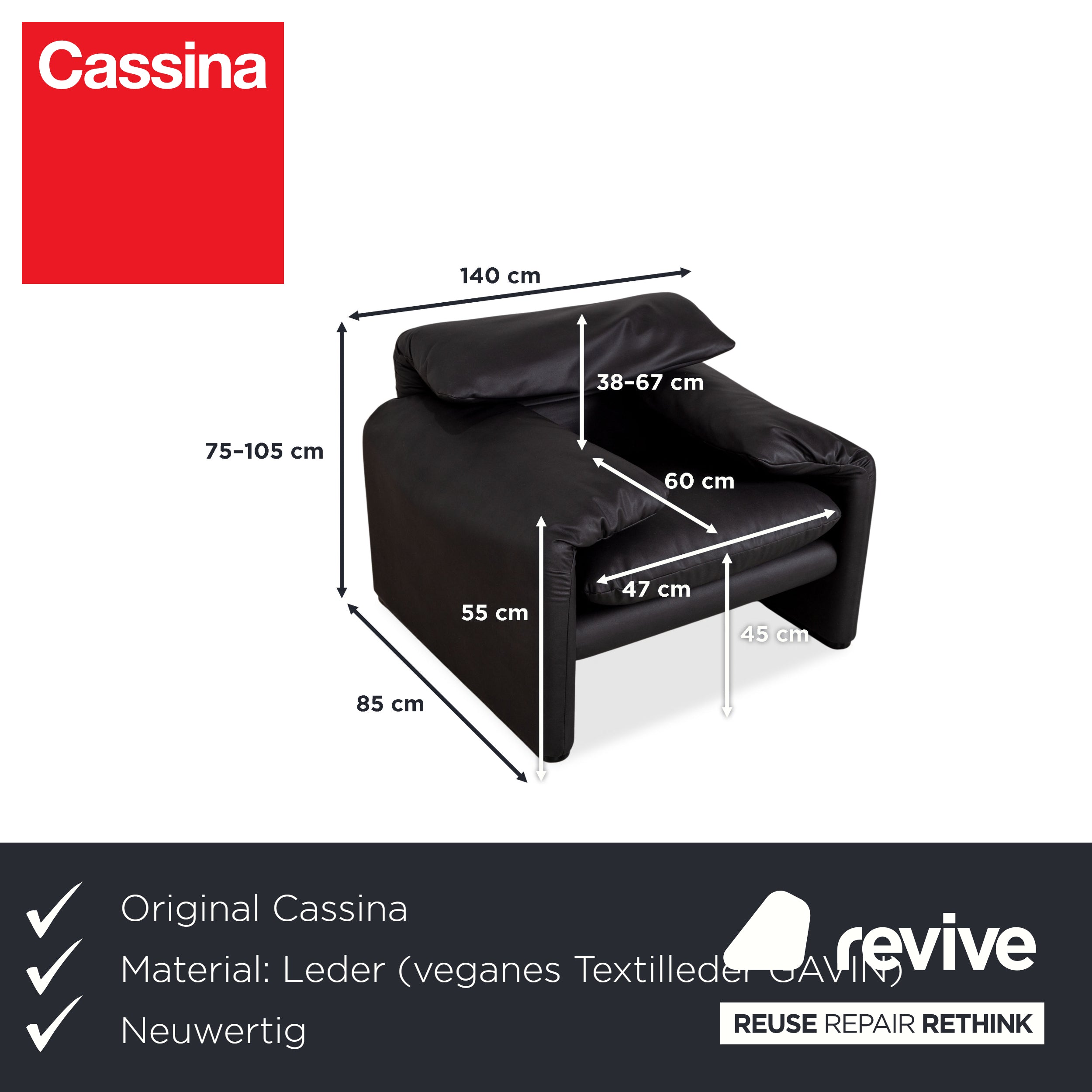 Cassina Maralunga Sessel veganes Leder GAVIN 117 Anthrazit manuelle Funktion