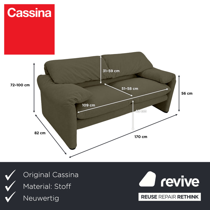 Cassina Maralunga Fabric Two-Seater Green Olive Green Sofa Couch Recovered Manual Function