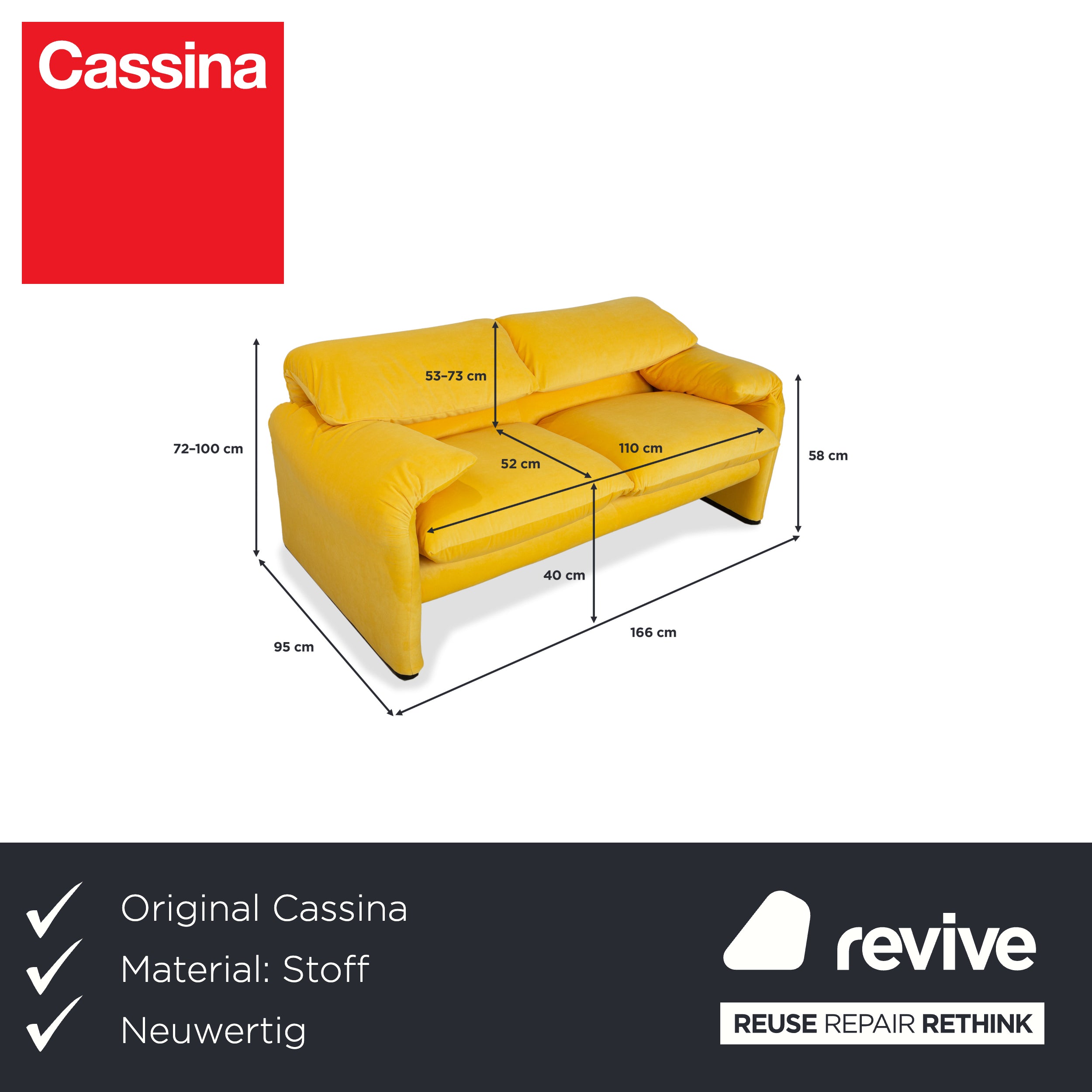 Cassina Maralunga fabric two-seater sofa, yellow, manual function, reupholstery