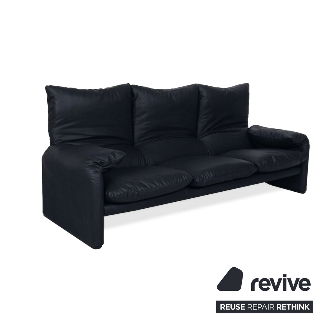 Cassina Maralunga veganes Leder Dreisitzer Dunkelblau Sofa Couch manuelle Funktion Neubezug