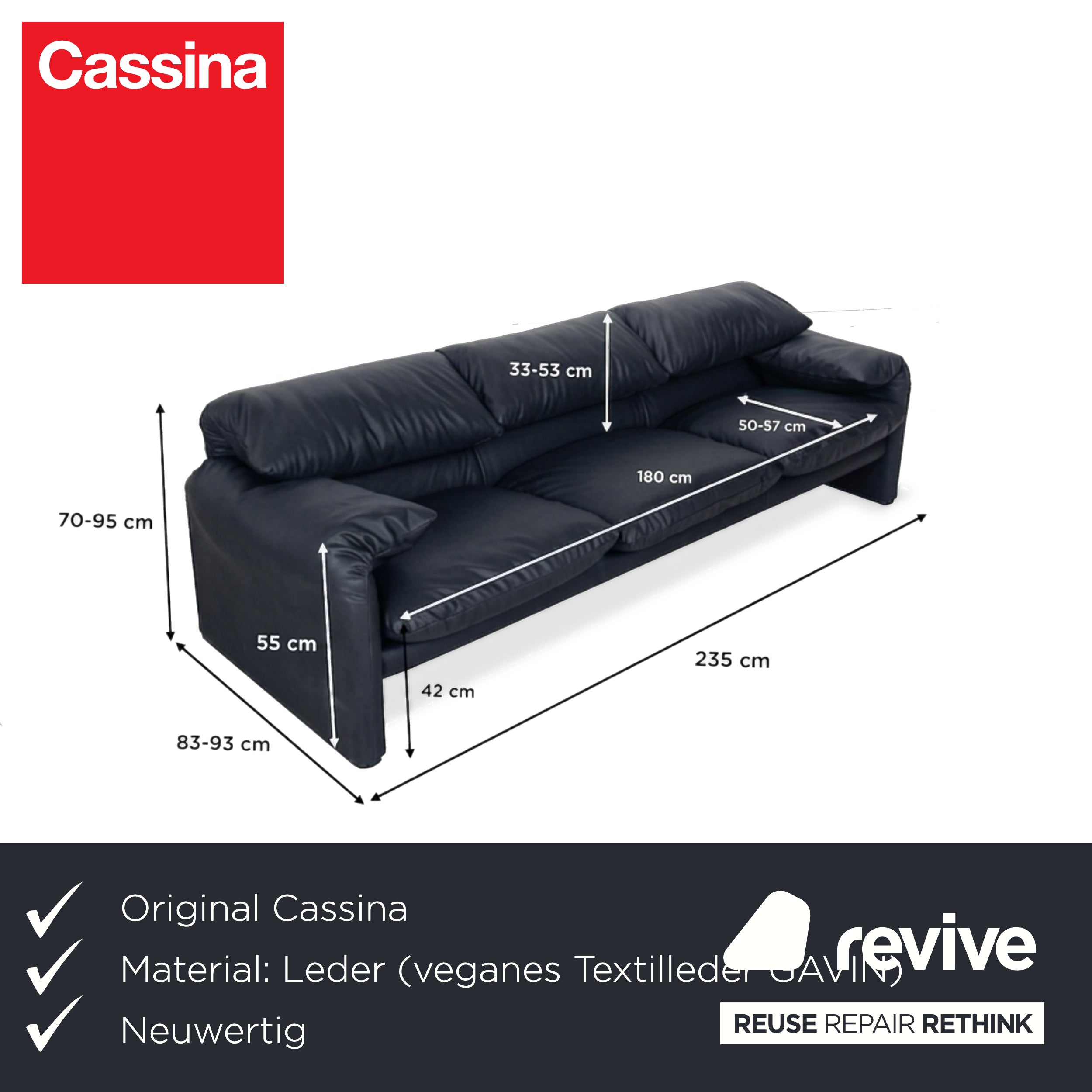 Cassina Maralunga veganes Leder Dreisitzer Dunkelblau Sofa Couch manuelle Funktion Neubezug