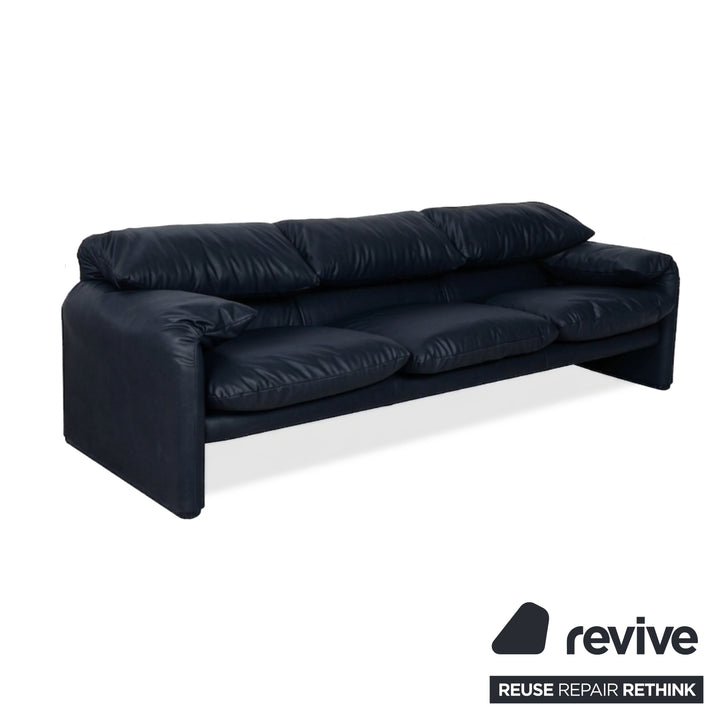 Cassina Maralunga veganes Leder Dreisitzer Dunkelblau Sofa Couch manuelle Funktion Neubezug