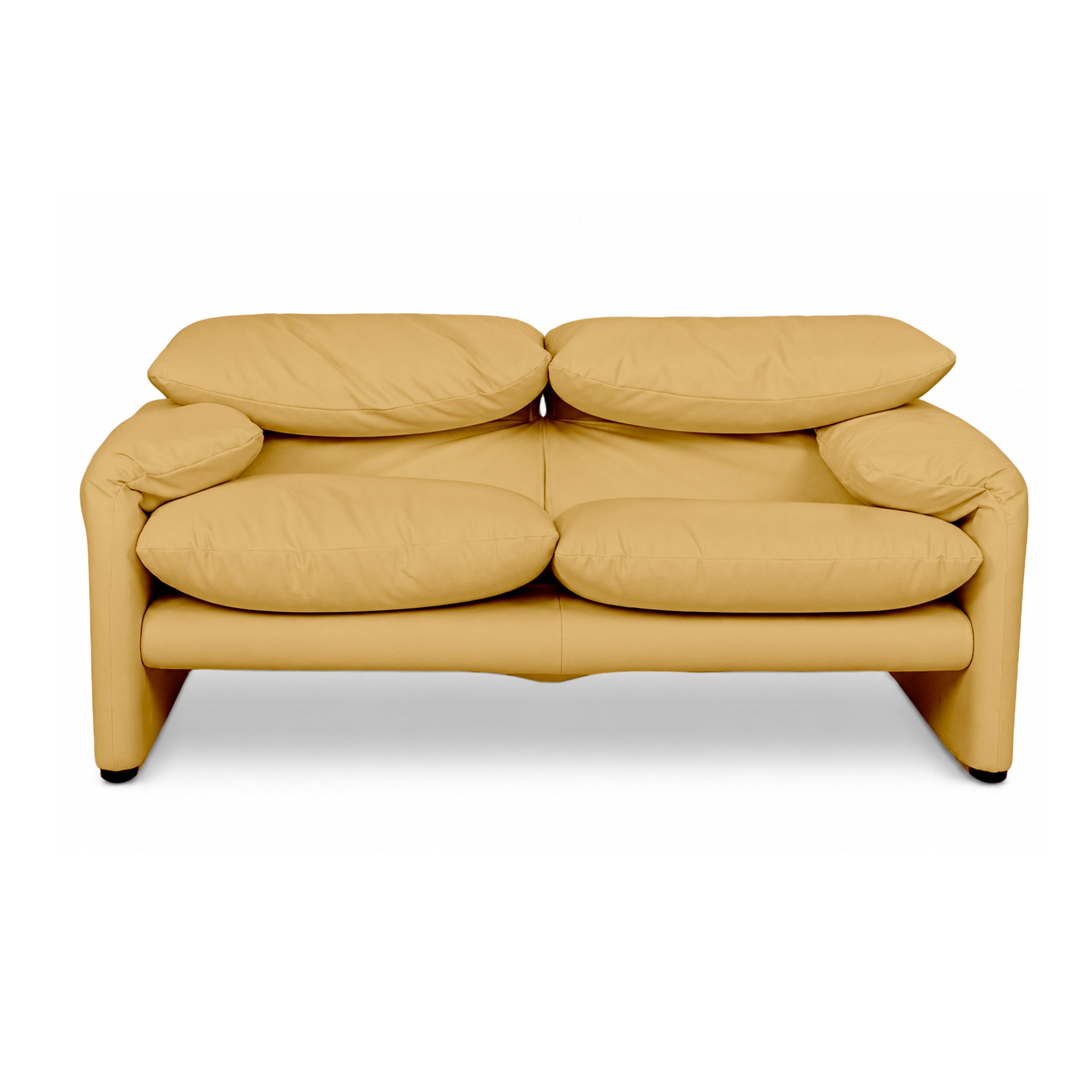 Cassina Maralunga vegan leather two-seater yellow mustard sofa couch manual function newly upholstered