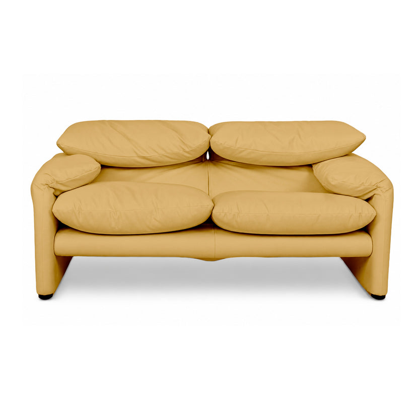 Cassina Maralunga vegan leather two-seater yellow mustard sofa couch manual function newly upholstered