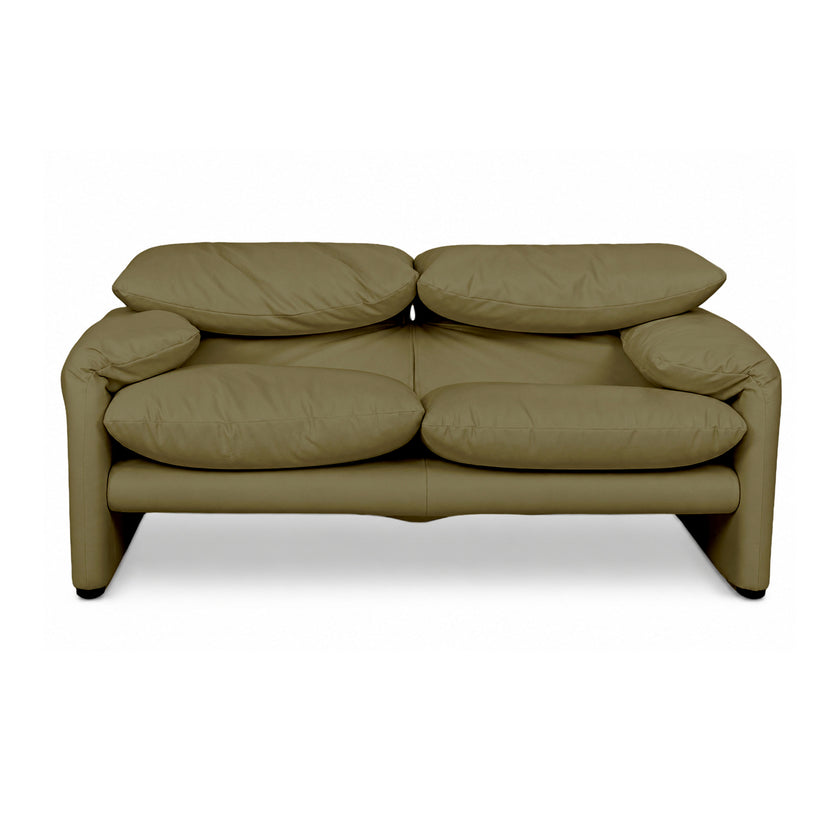 Cassina Maralunga vegan leather two-seater green olive sofa couch manual function reupholstered