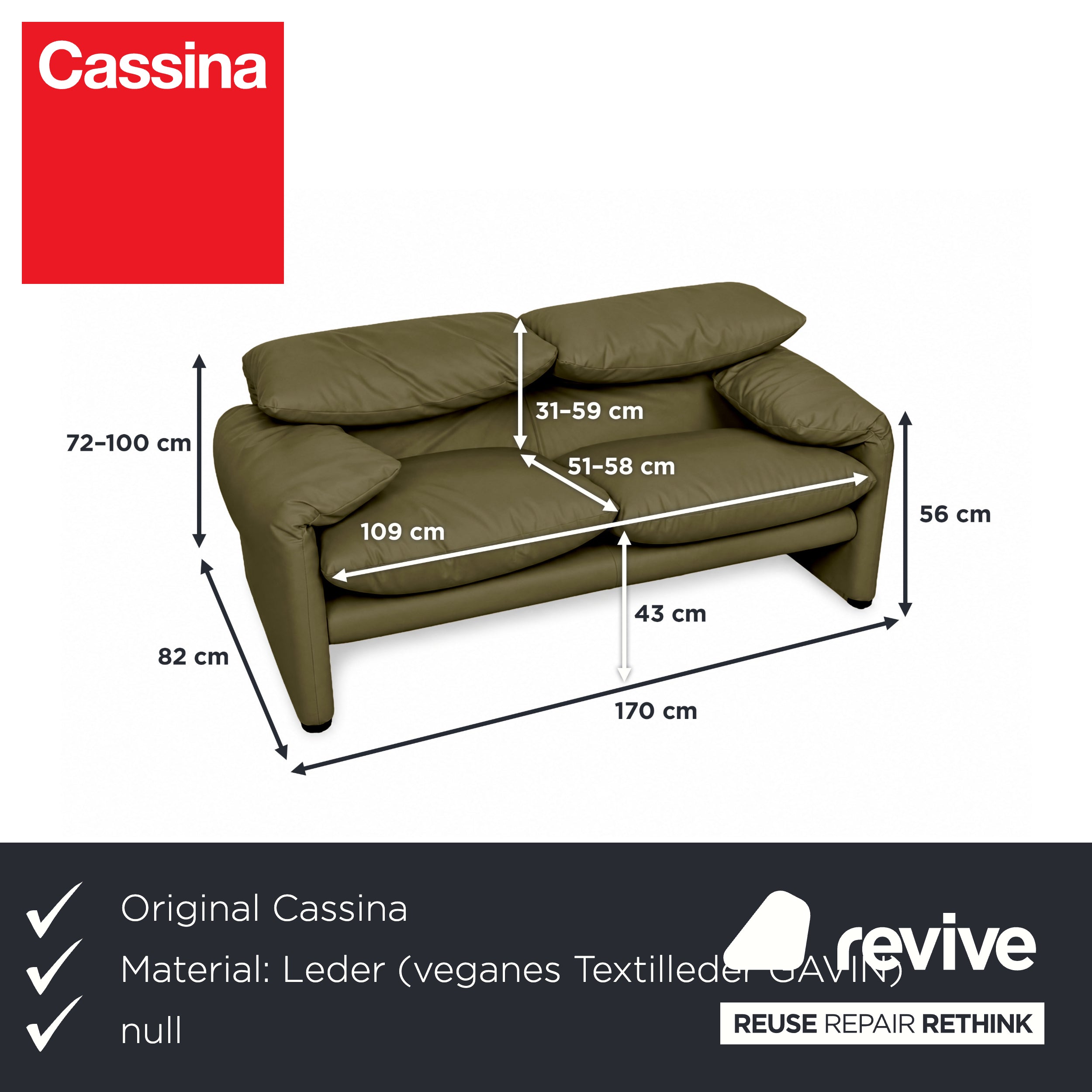 Cassina Maralunga vegan leather two-seater green olive sofa couch manual function reupholstered