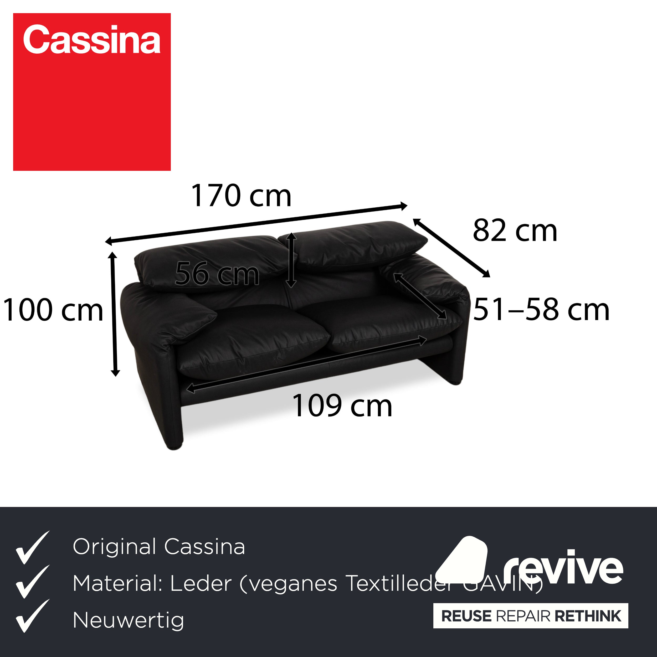 Cassina Maralunga vegan leather two-seater black sofa couch new cover