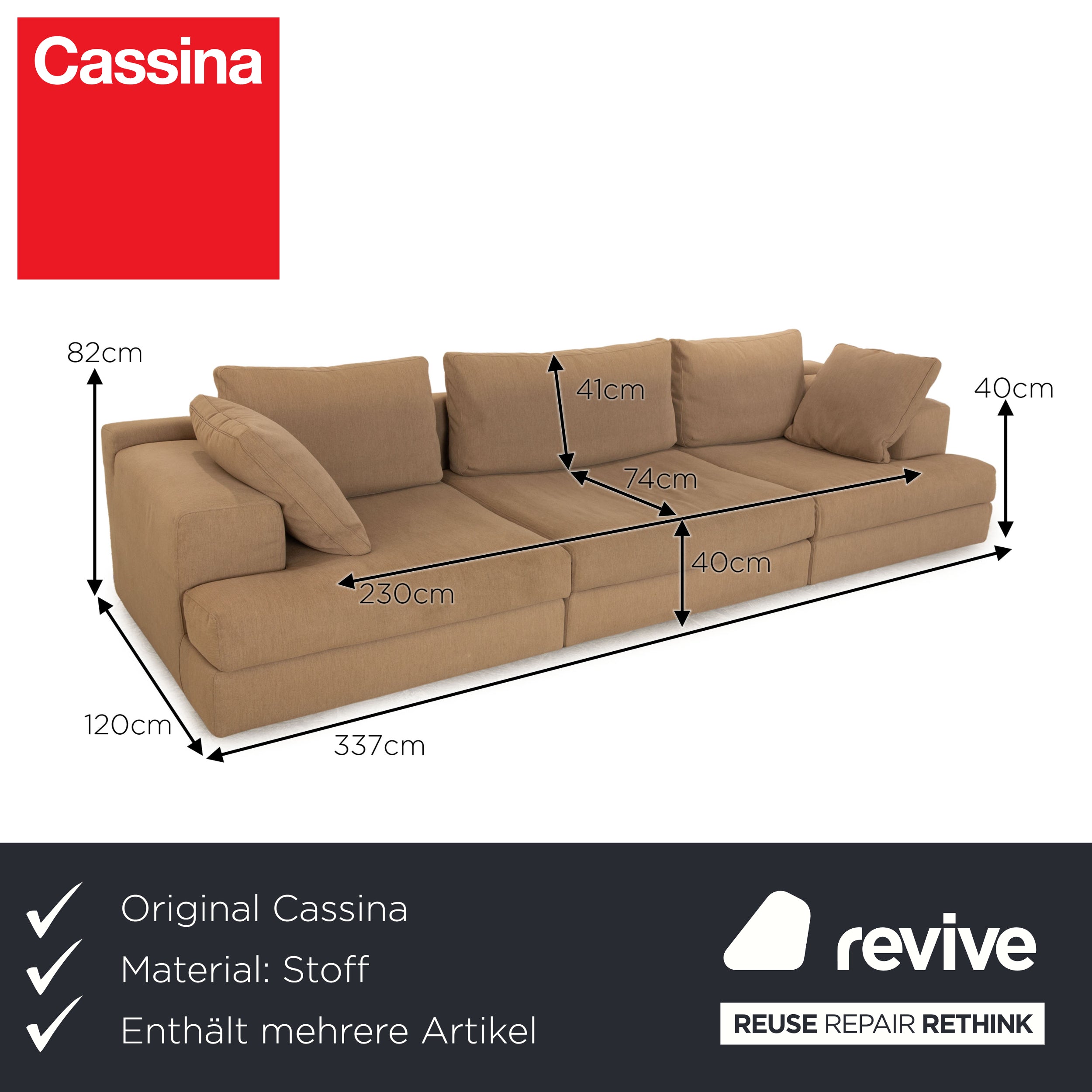 Cassina Miloe Fabric Sofa Set Beige Stool Three-Seater Couch