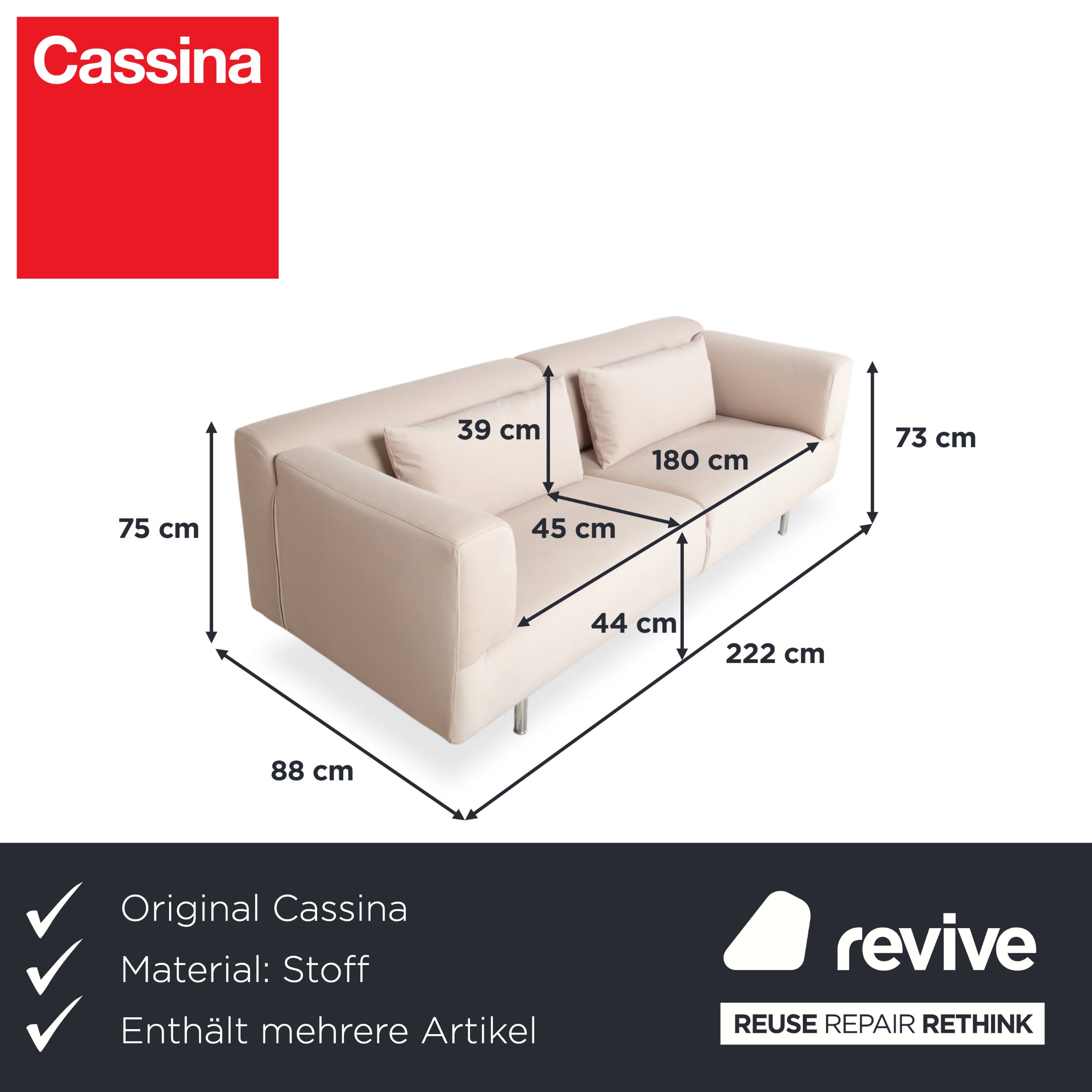 Cassina Met 250 Sofa Set Fabric Beige Cream 2x Three-Seater Sofa Reupholstered WOOLLY 506