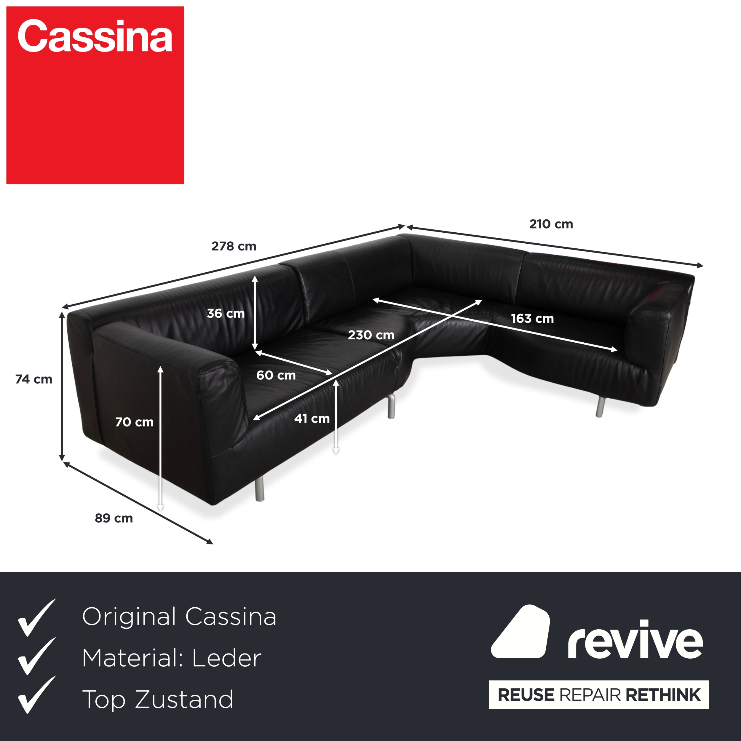 Canapé d'angle en cuir Cassina Met 250, noir, pieds argentés