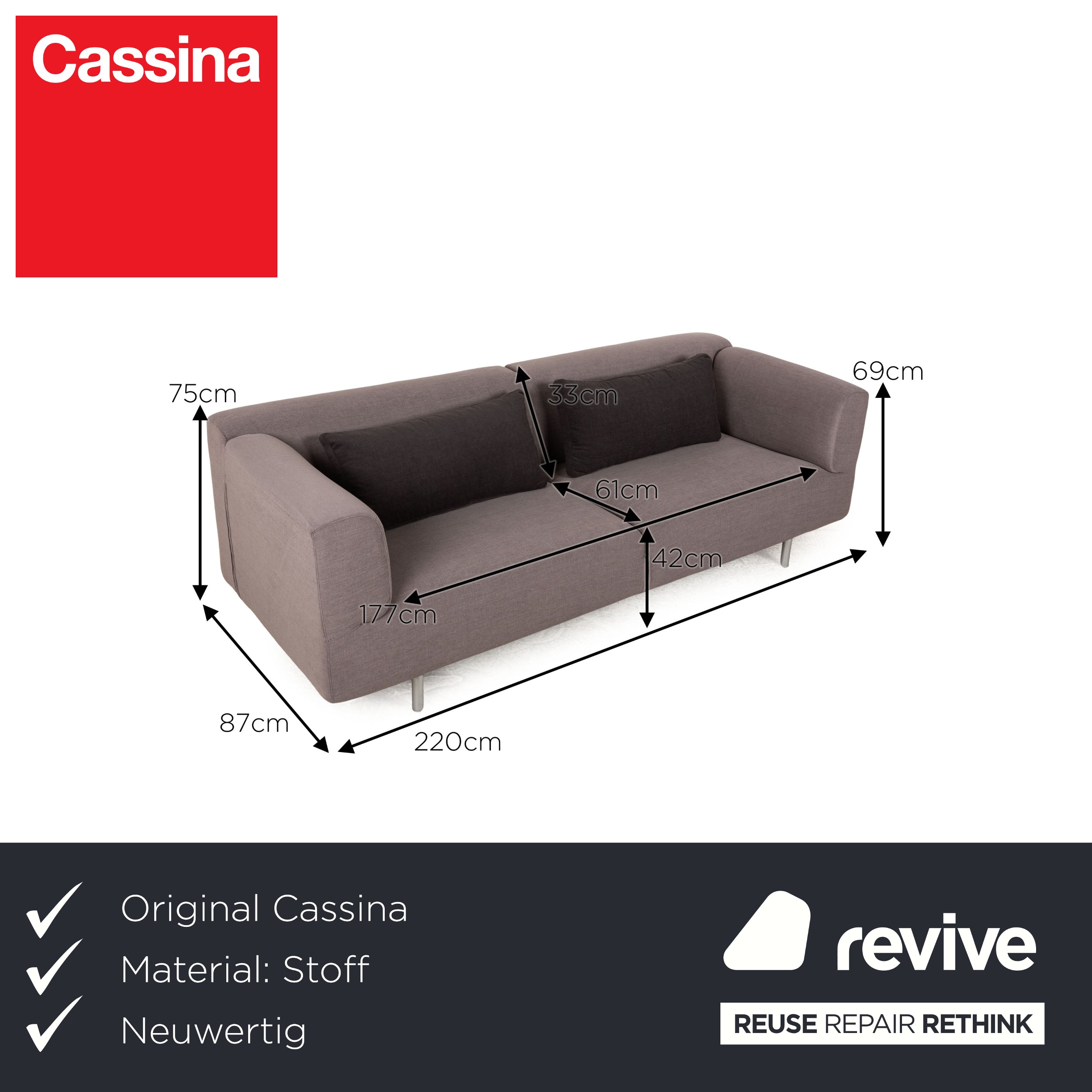 Cassina Met 250 fabric three-seater gray sofa couch reupholstered