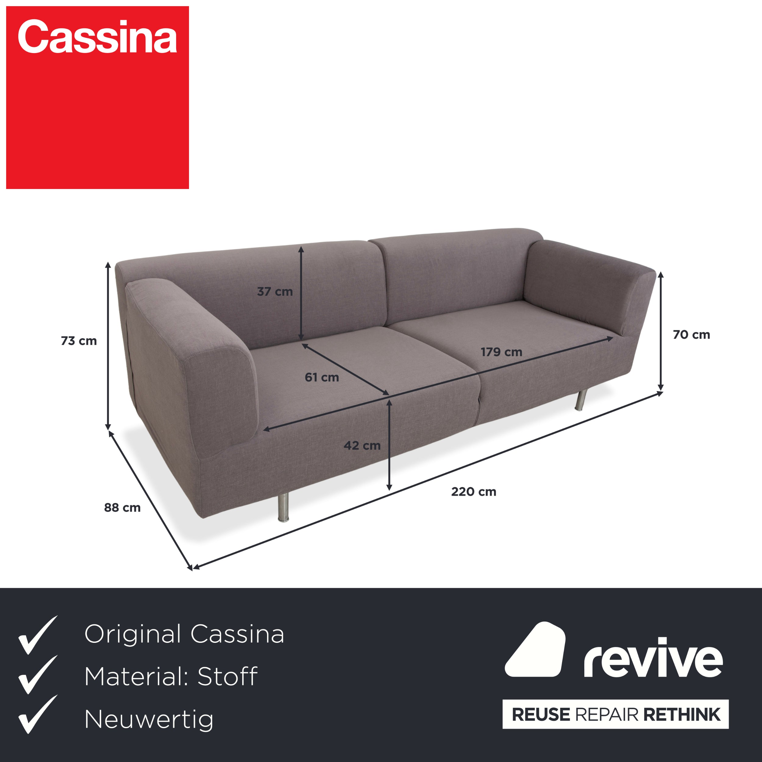 Cassina Met 250 Fabric Three-Seater Grey Taupe Sofa Couch Reupholstery