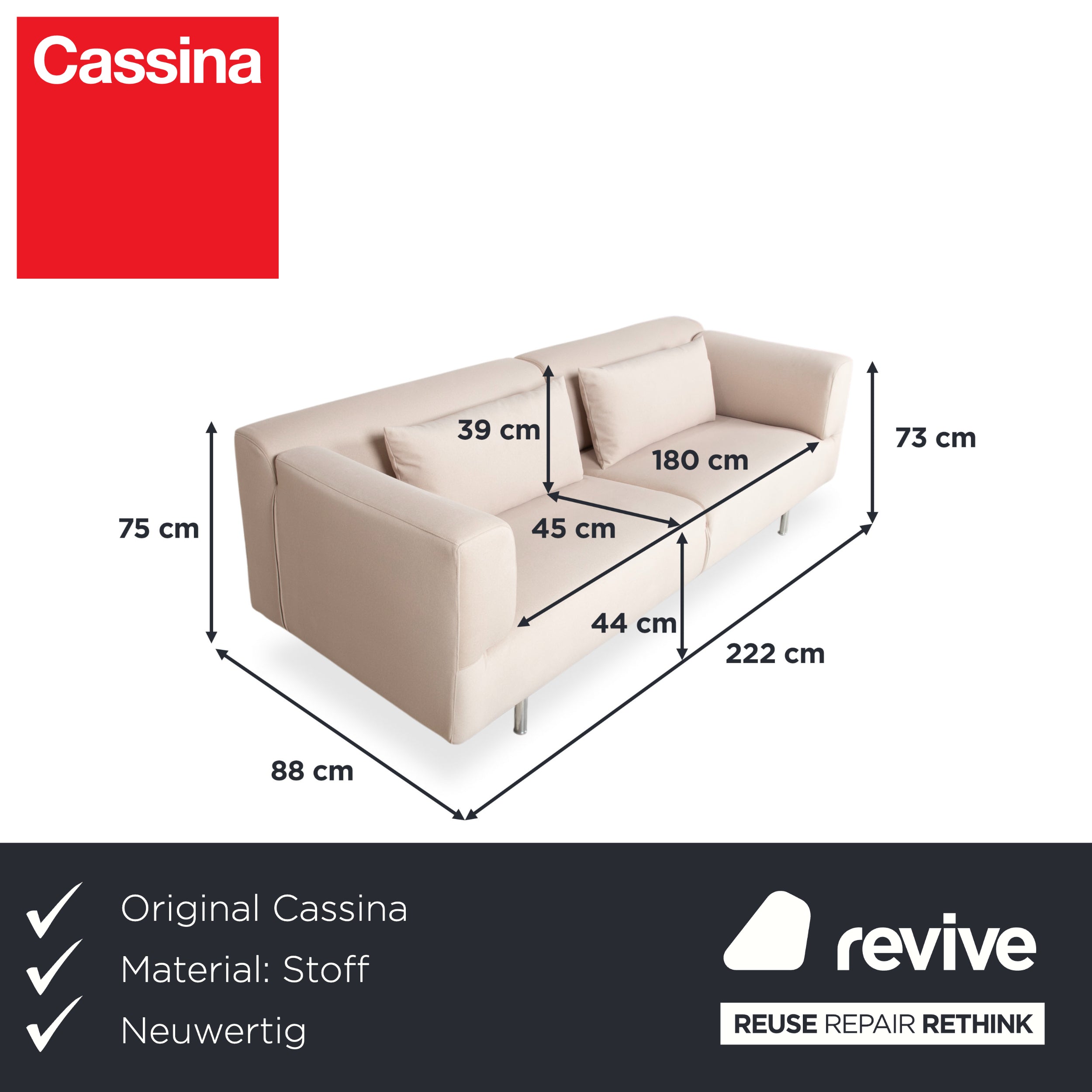 Cassina Met 250 Fabric Beige Cream Three-Seater Sofa Couch New Upholstery WOOLLY 506