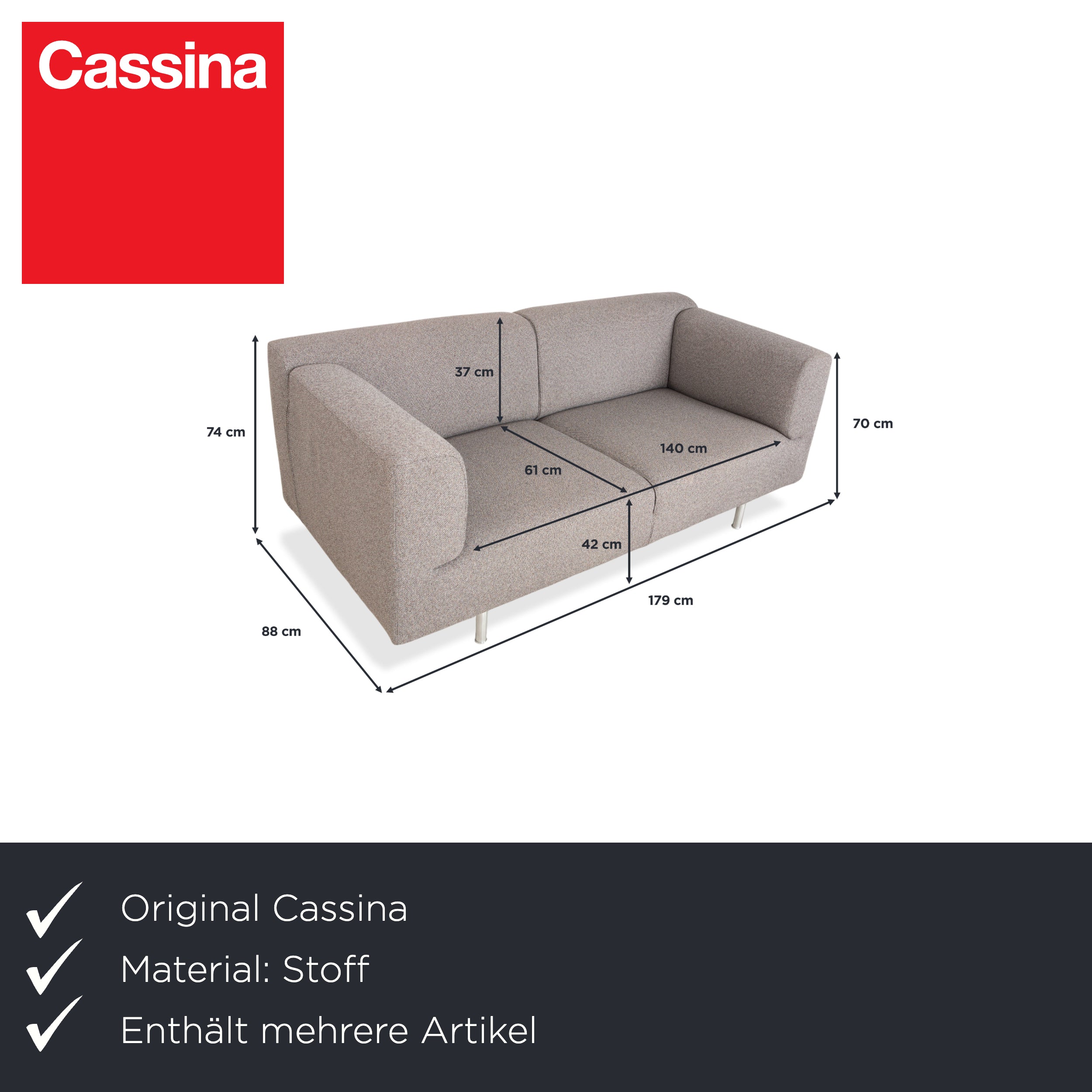 Cassina Met 250 Stoff Zweisitzer Grau Beige Sofa Couch