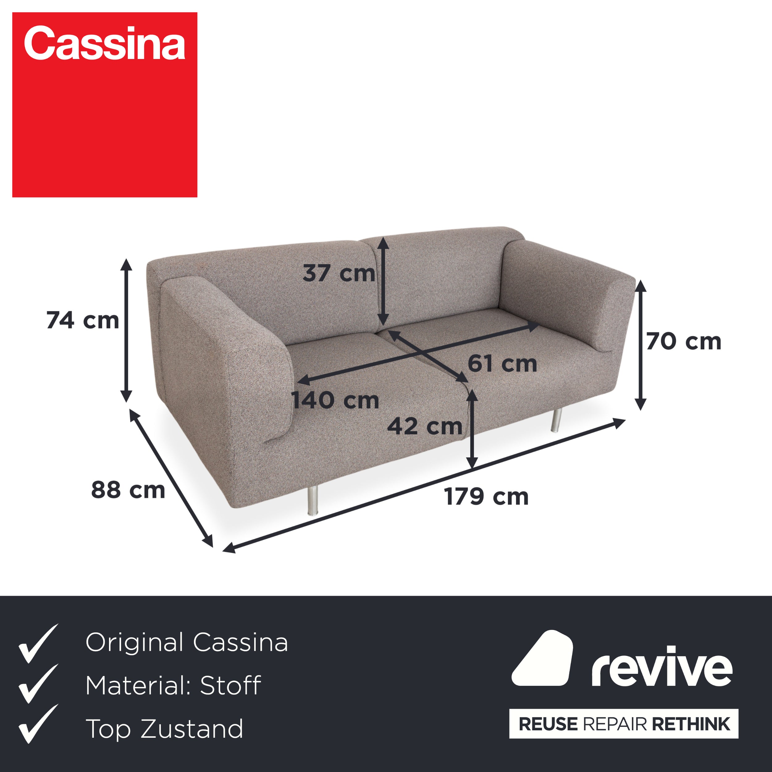Cassina Met 250 Stoff Zweisitzer Grau Sofa Couch