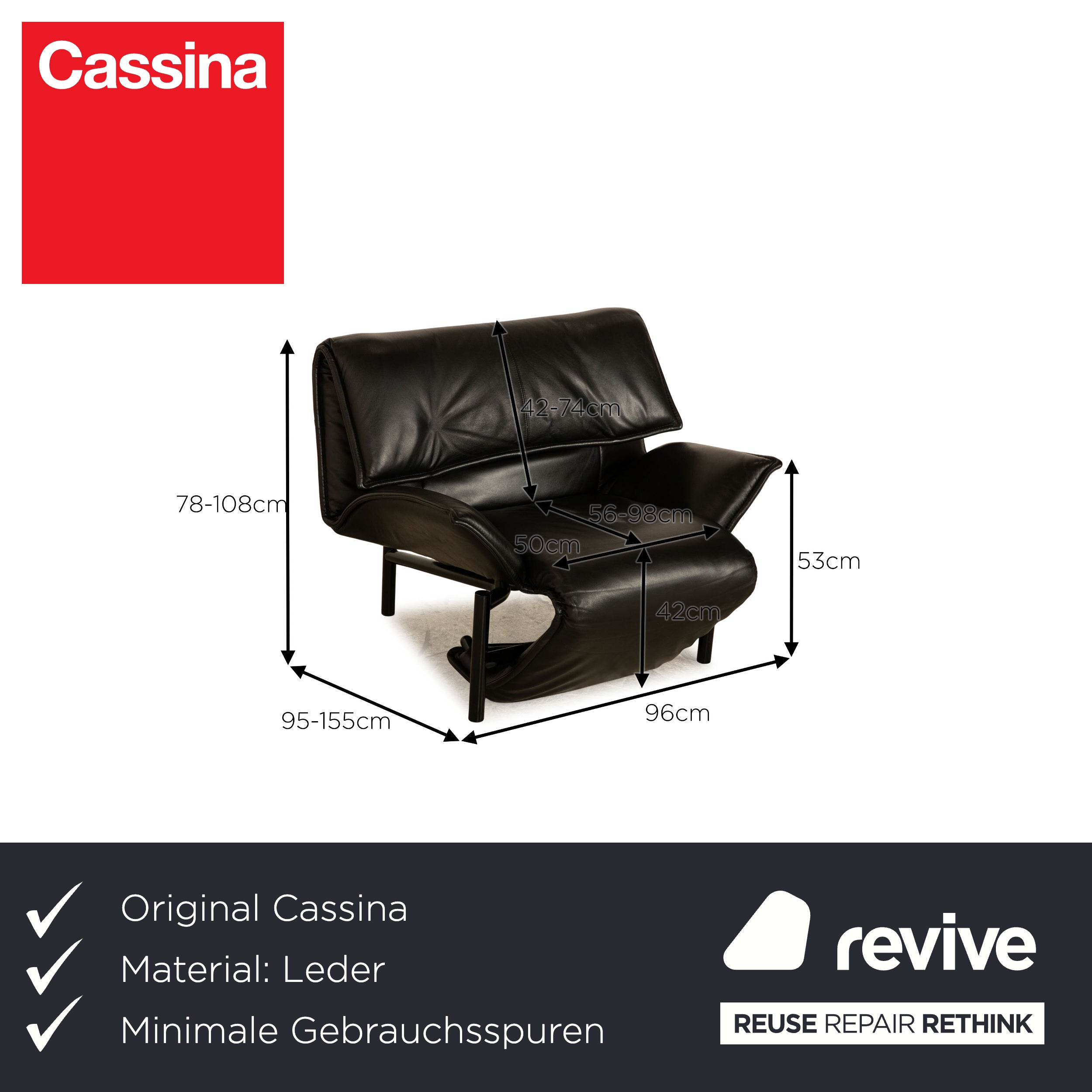 Cassina Veranda Leder Sessel Schwarz manuelle Funktion Relaxfunktion