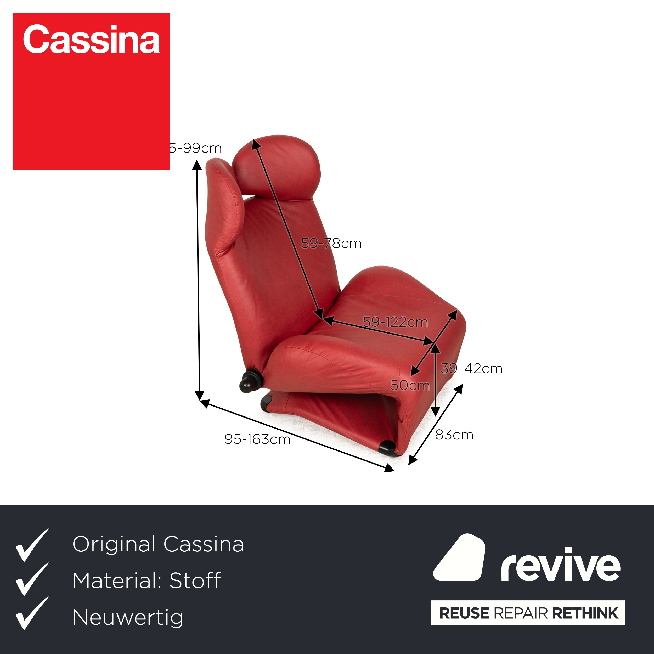 Cassina Wink armchair red vegan leather (GAVIN 107) fabric manual function new cover