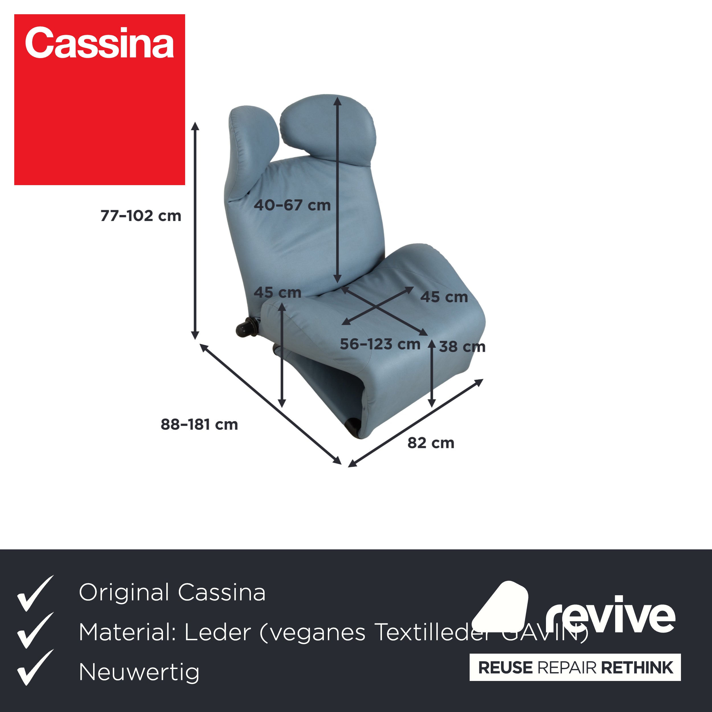 Fauteuil Cassina Wink, cuir végan, gris-bleu, fonction manuelle, retapissé