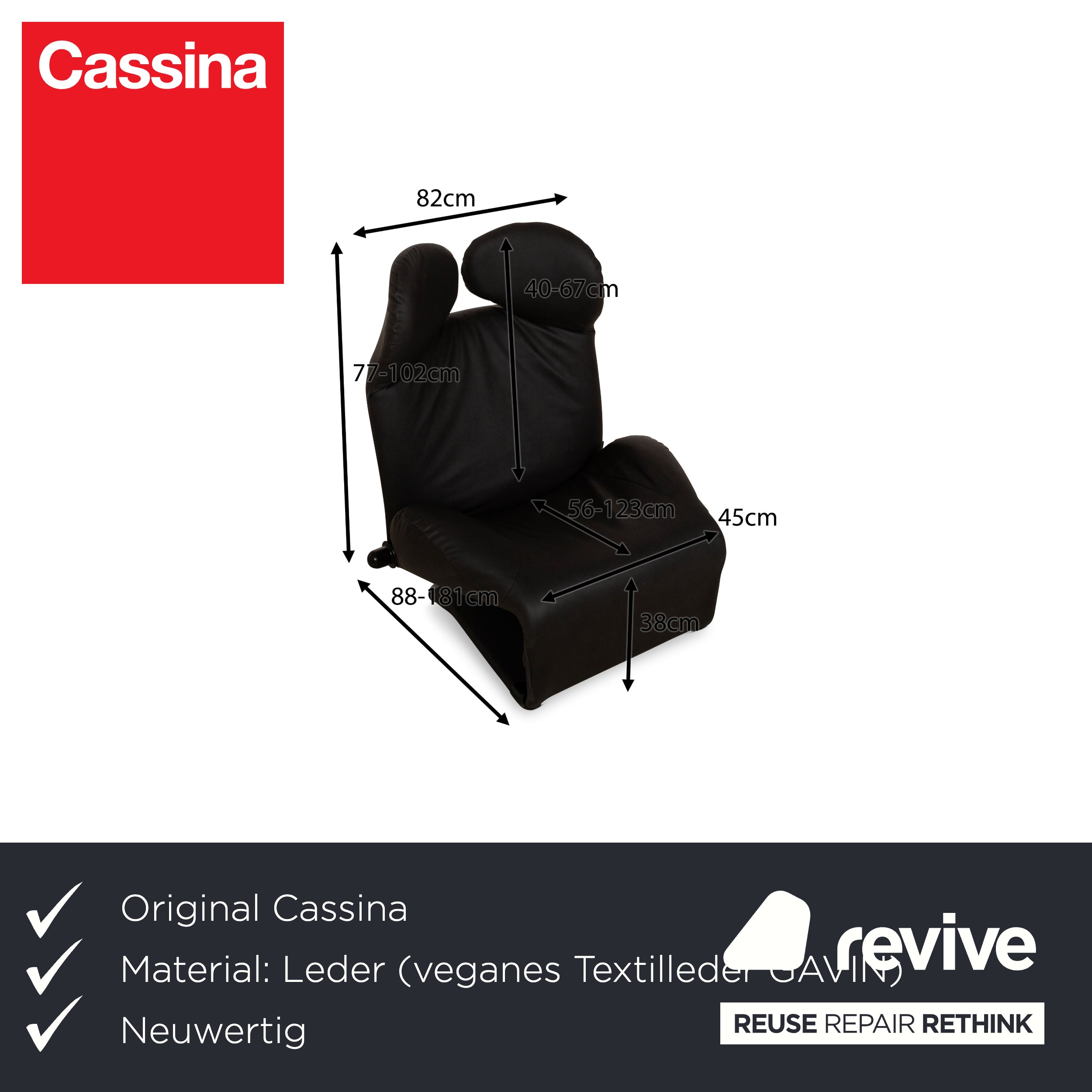 Fauteuil Cassina Wink en cuir vegan (GAVIN 117) gris foncé, revêtement noir