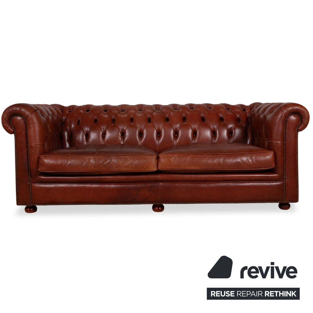 Chesterfield Garnitur Leder Dreisitzer 2x Sessel Hocker Braun Sofa Couch Vintage