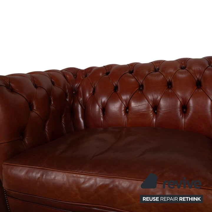 Chesterfield Garnitur Leder Dreisitzer 2x Sessel Hocker Braun Sofa Couch Vintage