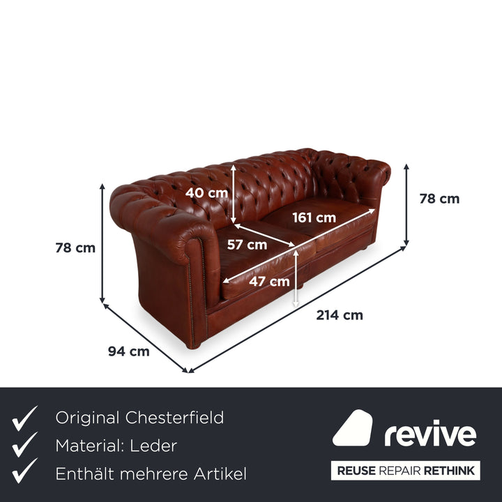 Chesterfield Garnitur Leder Dreisitzer 2x Sessel Hocker Braun Sofa Couch Vintage