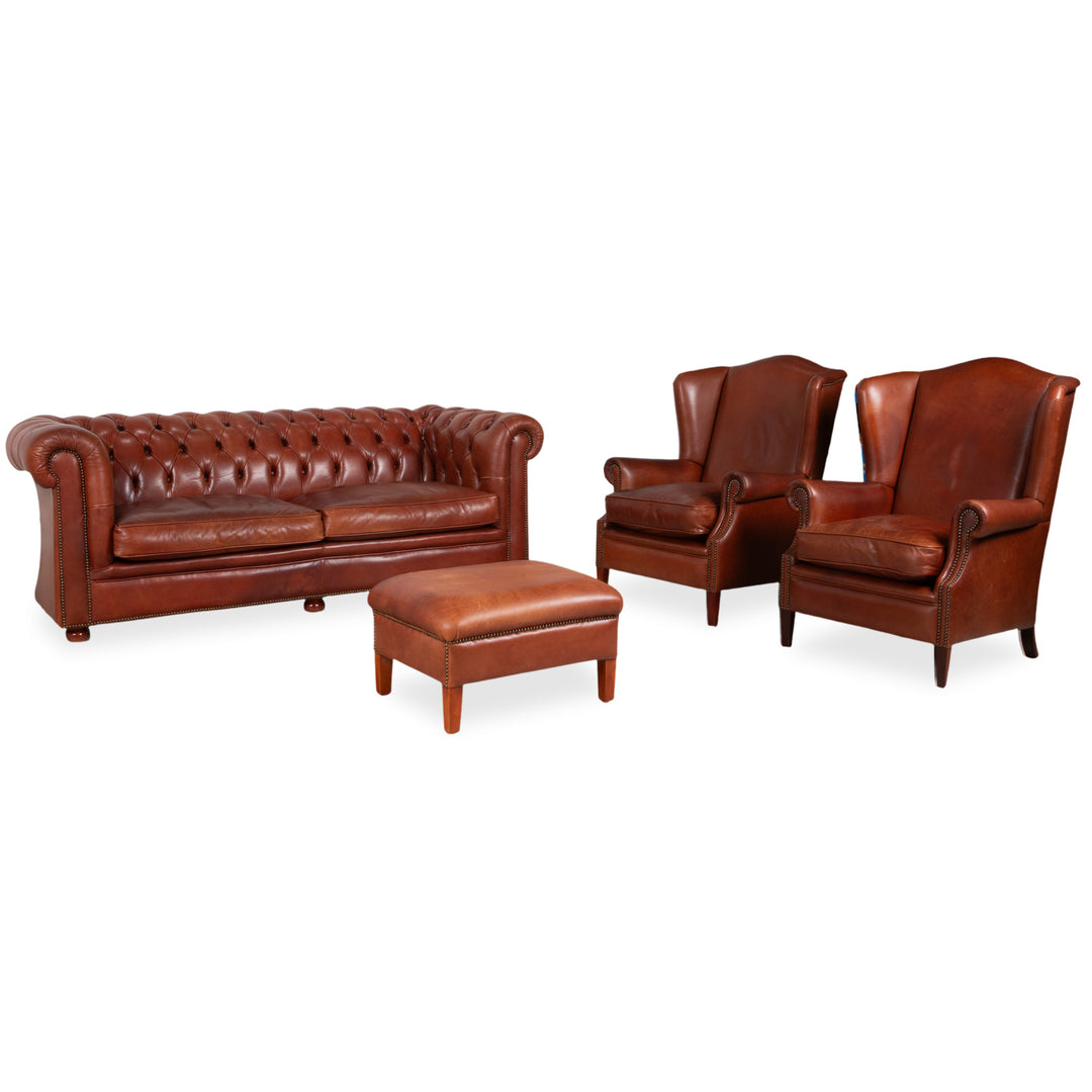 Chesterfield Garnitur Leder Dreisitzer 2x Sessel Hocker Braun Sofa Couch Vintage