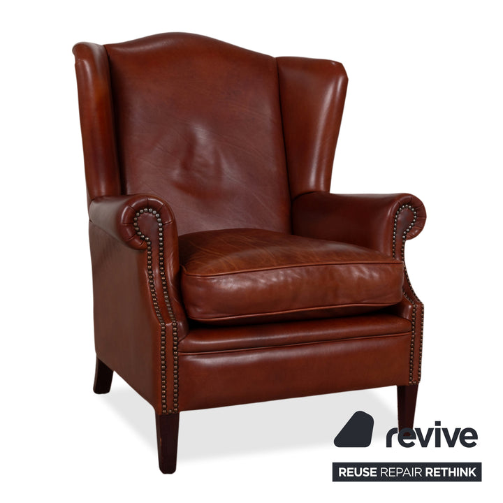 Ensemble Chesterfield en cuir : canapé trois places, 2 fauteuils, pouf, marron, vintage