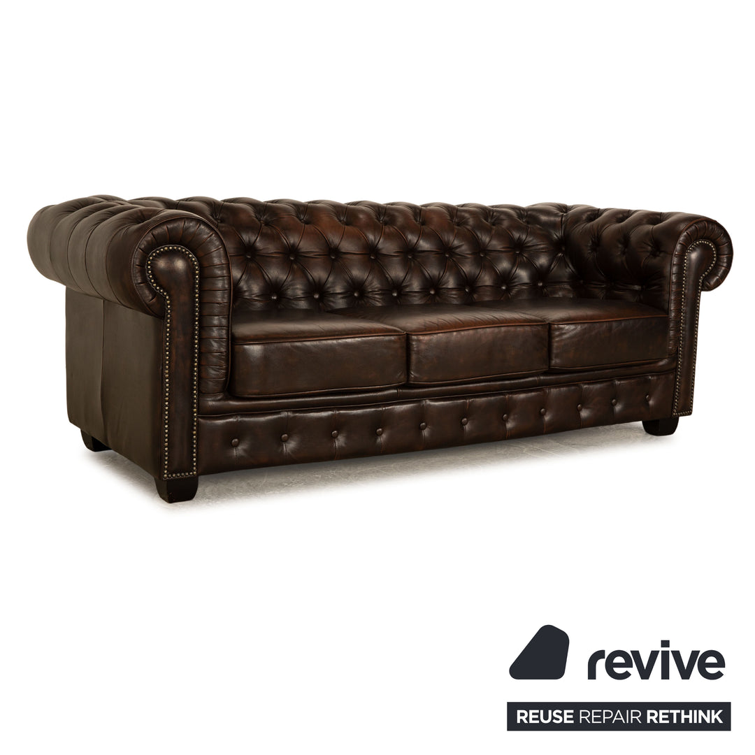 Chesterfield Leather Three Seater Brown Sofa Couch