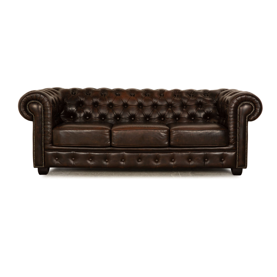 Chesterfield Leather Three Seater Brown Sofa Couch