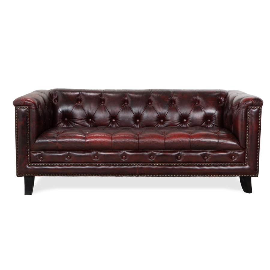 Canapé Chesterfield trois places en cuir rouge marron vintage