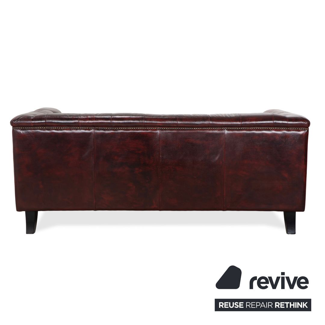 Chesterfield Leather Three-Seater Red Brown Sofa Couch Vintage