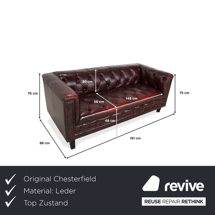 Chesterfield Leather Three-Seater Red Brown Sofa Couch Vintage