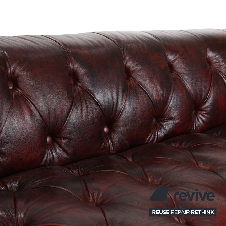 Chesterfield Leather Three-Seater Red Brown Sofa Couch Vintage