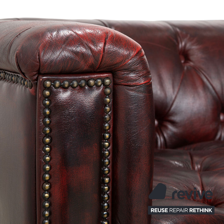 Chesterfield Leather Three-Seater Red Brown Sofa Couch Vintage